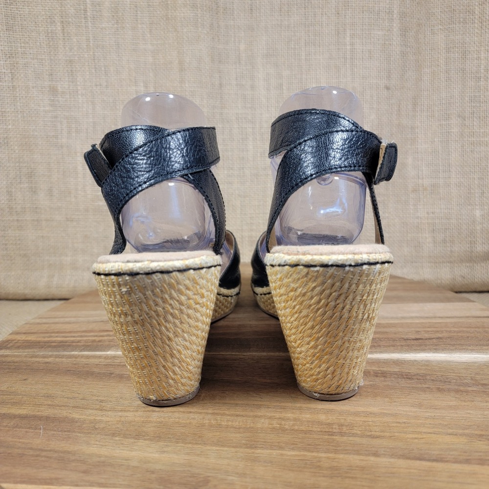 BOC Born Concept Wedge Sandals Black Leather Ankle Strap Womens 10 M Woven Heel - Picture 4 of 11